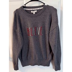 Rae Dunn Gray Sweater with Red 'Believe' Text Christmas Theme